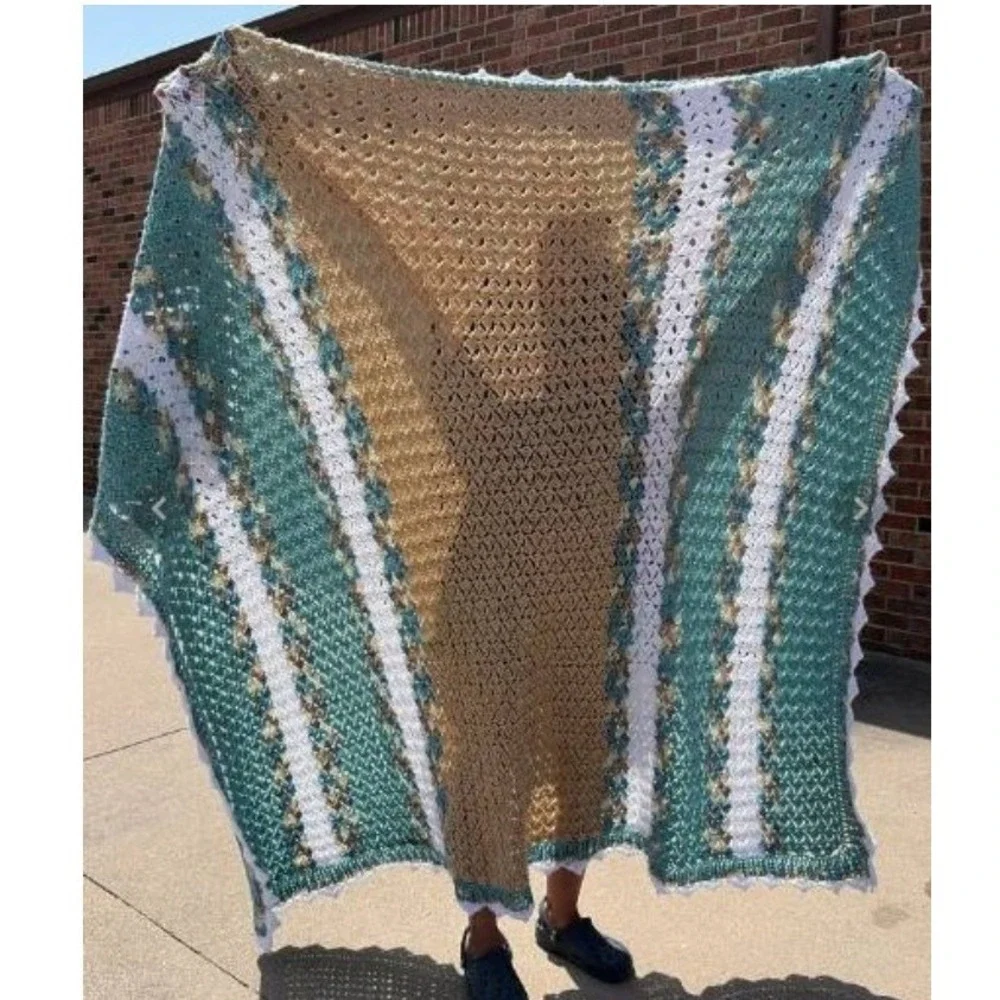 Handmade Crochet Throw Blanket Diagonal Stripe Teal White Tan Scalloped Edge